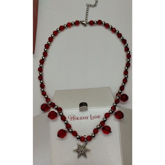 Holiday Lane Women's Necklace - Red Silver Tone Beads - Star Pendant - Picture 7 of 7
